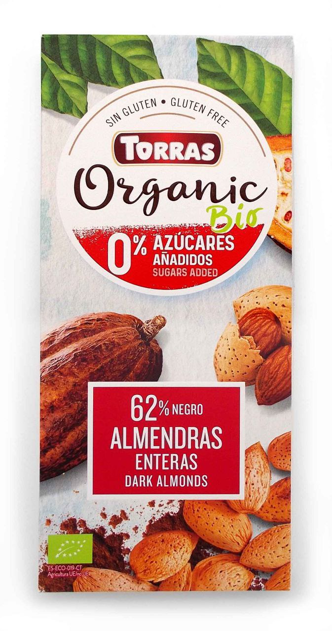 Шоколад Organic Bіo чорний 730 Torras 62% какао з мигдалем без цукру 150г